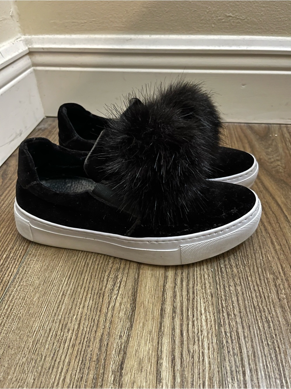 The Shoe Box Black Velvet Pom-Pom Slip-On Sneakers 6